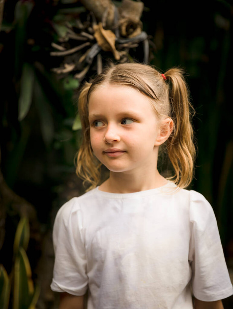 Retrato de cerca de una niña bonita. Ojos azules y cabello rubio. Chica caucásica con dos colas de caballo. Fondo marrón oscuro. Bali, Indonesia - Foto, Imagen