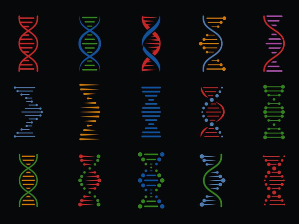 Σημάδια DNA. Ανθρώπινη χρωμοσωμική γενετική σπειροειδής δομή, έλικα γονιδιώματος. Μοριακά εικονίδια βιοτεχνολογίας, μεμονωμένα διανυσματικά στοιχεία - Διάνυσμα, εικόνα