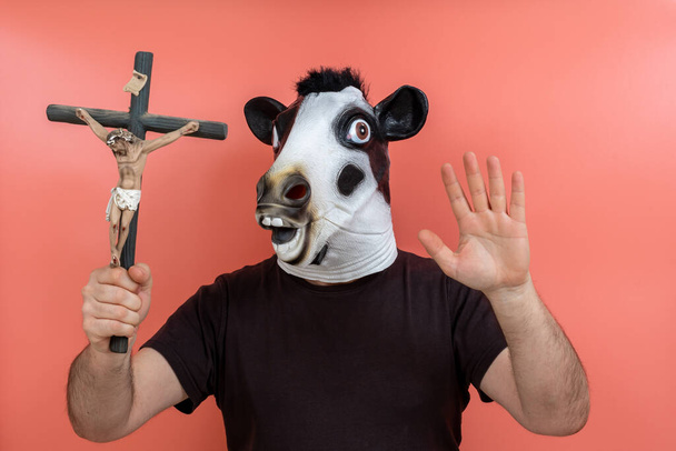 costumed person in a cow mask holding a crucifix simulating an exorcism with a pink background - Photo, Image