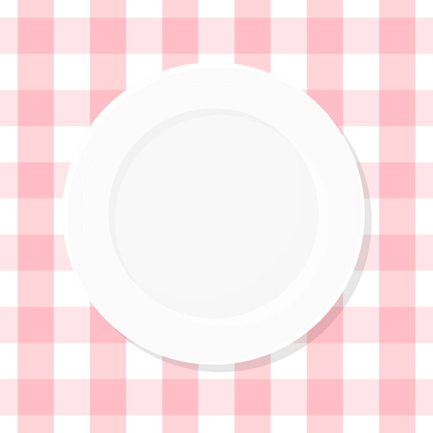 Fehér üres tányér rózsaszín kockás abroszon. Első látásra. Vektor illusztráció, lapos kialakítás - Vektor, kép