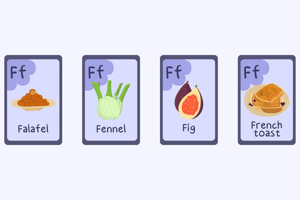 Colorato Phonics flashcard Lettera F - fico, falafel, finocchio, french toast. - Vettoriali, immagini