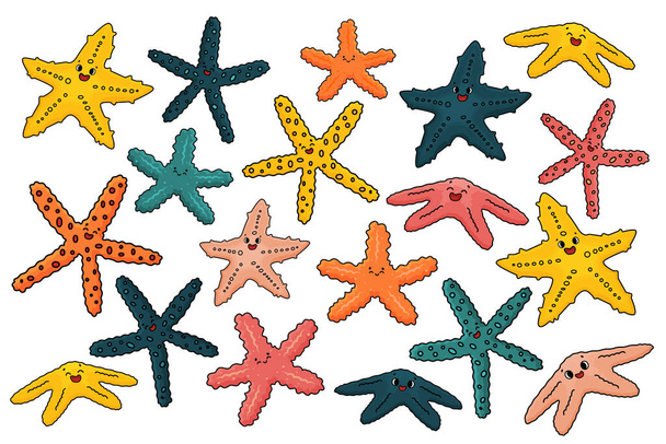 Conjunto de contorno vectorial de dibujos animados estrellas de mar de colores o estrellas de mar con ojos, sonrisa. Doodle Invertebrados marinos con cinco brazos, de colores brillantes en rojo, naranja, amarillo, azul. Aislado sobre fondo blanco - Vector, imagen