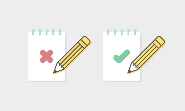 Cuadernos con iconos de marca de verificación y lápiz. Ilustración vectorial, diseño plano - Vector, imagen