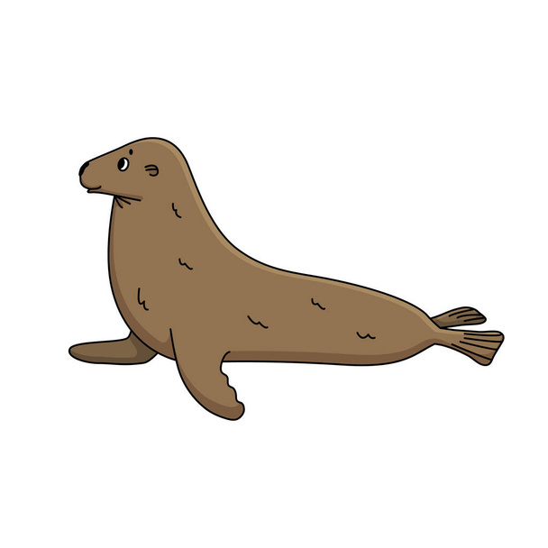 Vektorový obrys kreslené ilustrace roztomilé hnědé kožešiny tuleně. Jedno čmáranice izolované zvíře na bílém pozadí. Boční pohled - Vektor, obrázek