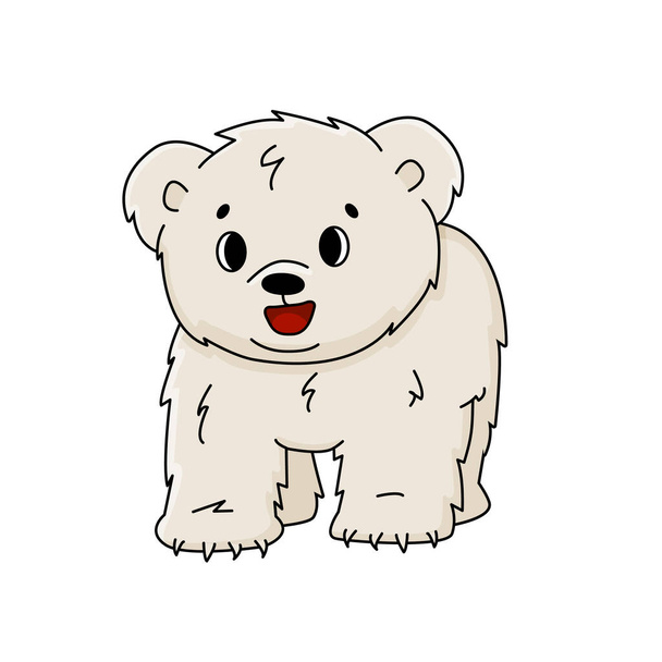 Vector cute cartoon little polar bear cub stands on all legs and smiles. Outline Animal is isolated on white background - Vector, Image