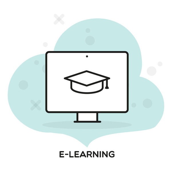 Icono de eLearning. Concepto de formación, cursos, graduación, webinar o educación en línea. Ilustración vectorial, diseño plano - Vector, Imagen