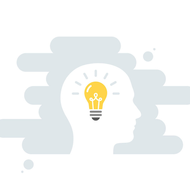 Female head and brain vector icon. Light bulb. Concept of creativity, idea, solution. Vector illustration, flat design - Vector, Image