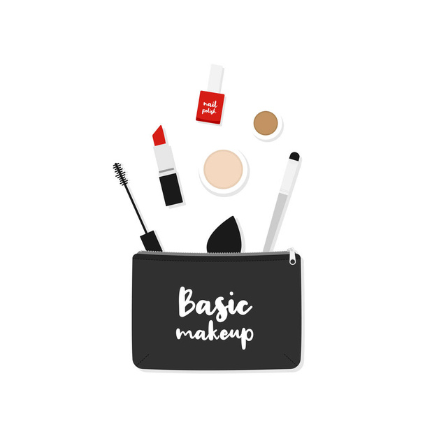 Makeup bag with beauty products. Makeup case with the phrase: "Basic makeup". Vector illustration, flat design - Vector, Image