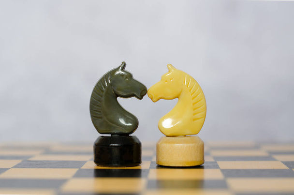 Os cavaleiros preto e branco ficam no tabuleiro de xadrez de frente um para o outro. Peças de xadrez, vista lateral - Foto, Imagem