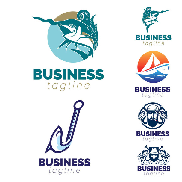 Balıkçılık, Balık ve Yelken temalı logo seti. vektör - Vektör, Görsel
