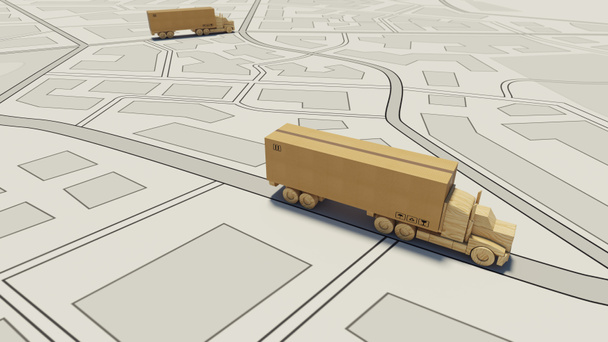 Μεγάλο κουτί από χαρτόνι σε ένα ξύλινο φορτηγό παιχνίδι έτοιμο να παραδοθεί σε οδικό χάρτη - Φωτογραφία, εικόνα