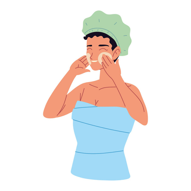 femme applique crème visage, serviette enveloppée sur cheveux lavés - Vecteur, image