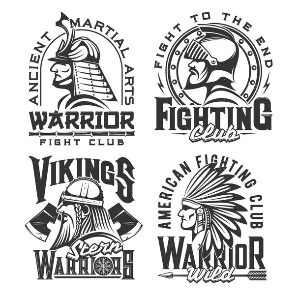 T-Shirt-Print mit antiken Kriegern, Vektor-Maskottchen für Kampfklub-Design. Samurai, Wikinger, indischer Koch und mittelalterlicher Ritter isolierten Etiketten mit Typografie. Einfarbige T-Shirt-Prints, Embleme - Vektor, Bild