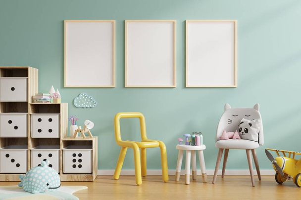 Mock up poster frame in children room,kids room,nursery mockup,3d rendering - Photo, Image