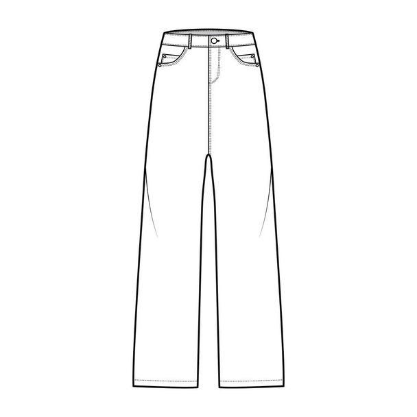 Baggy Jeans Jeanshose technische Mode Illustration mit voller Länge, niedriger Taille, Steigung, 5 Taschen, Nieten, Gürtelschlaufen - Vektor, Bild