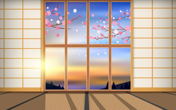 Holzfenster im Holzhaus am Berg am Morgen in Japan - Vektor, Bild