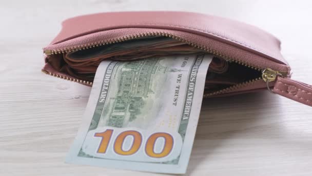 vrouwenhand haalt een roze portemonnee tevoorschijn met een bankbiljet van honderd dollar en veel geld. Begrip financiering, uitgaven en inkomsten. - Video