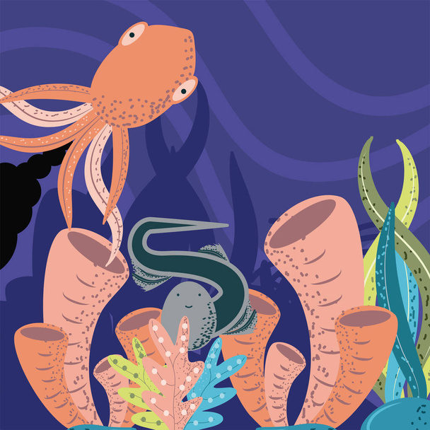 підводний світ восьминогі вугорні коралові рифові водорості
 - Вектор, зображення