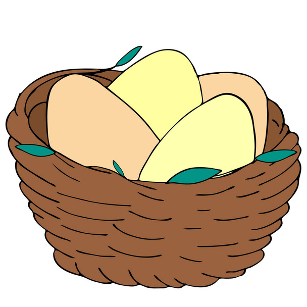 brown bird nest with eggs, vector doodle element, childrens illustration, spring set - Vector, Image