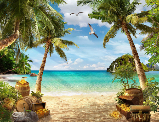 Beach with palm trees and treasure chests - Photo, Image