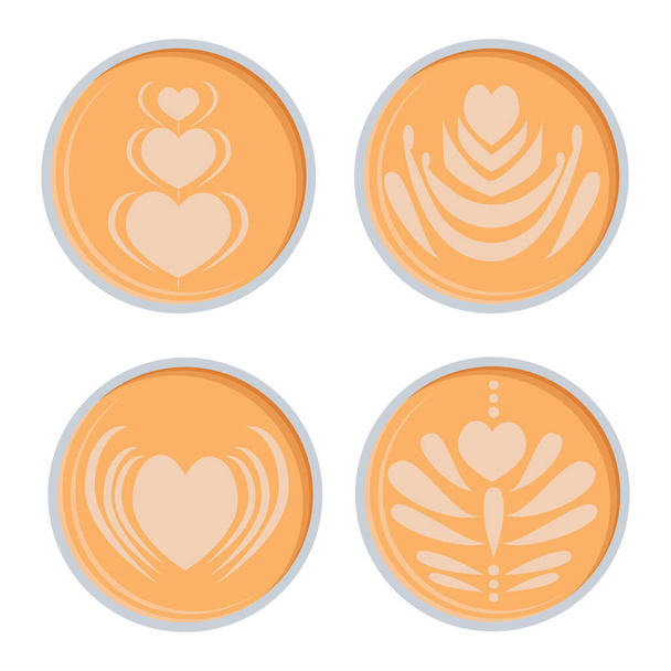Köpüklü kahve sanatı, kupa ve bukleler şeklinde latte desenli tasarımlar, kahve fincanı illüt gösteriminin üst görüntüsü. - Vektör, Görsel