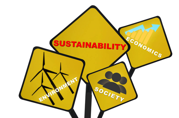 Концепция устойчивого развития и идея будущего. Общество окружающей среды и экономика написаны на желтом фоне - Фото, изображение