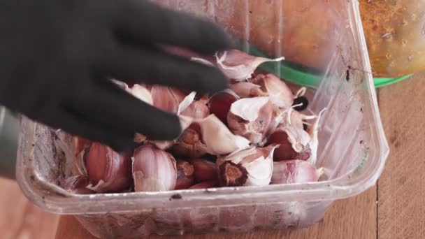 Fokhagyma szegfűszegek egymásra rakása egy asztalon lévő műanyag tartályban - Felvétel, videó