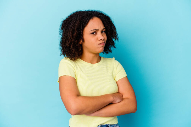 Young african american mixed race woman isolated unhappy looking in camera with sarcastic expression. - Photo, image