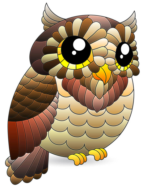 A stained glass illustration with a cute cartoon brown owl, a bird isolated on a white background - Vector, Image