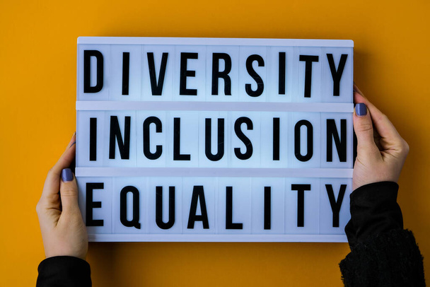 Diversity inclusion equality lettering. Text. Diversity, Age, Ethnicity, Sexual Orientation, Gender, Religion Equal rights social concept Human tolerance - Photo, Image