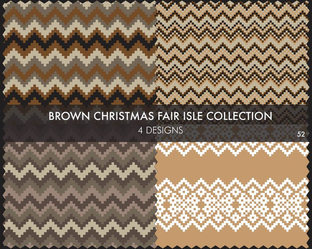 La colección de patrones de isla de feria de Navidad marrón incluye 4 muestras de diseño para textiles de moda, prendas de punto y gráficos - Vector, Imagen