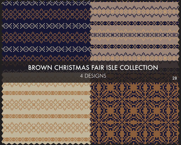 La colección de patrones de isla de feria de Navidad marrón incluye 4 muestras de diseño para textiles de moda, prendas de punto y gráficos - Vector, imagen
