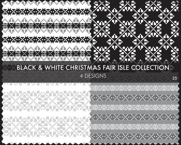 Zwarte en witte Kerst kermis eiland patroon collectie bevat 4 design stalen voor mode textiel, brei- en grafische industrie - Vector, afbeelding