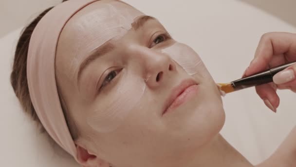 zbliżenie twarz młody kaukaski kobieta i ręka nierozpoznawalny kosmetyczka stosując gliny maska za pomocą szczotki - Materiał filmowy, wideo