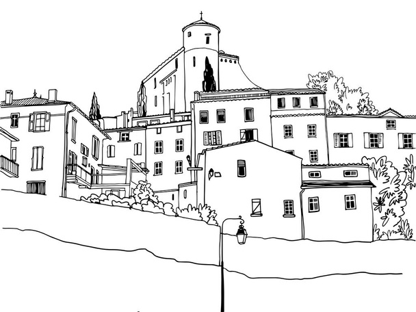 Стародавнє місто на пагорбі Прованс. Фортеця на вершині. Стиль малювання вручну. Міське тло. Векторна ілюстрація на білому тлі - Вектор, зображення