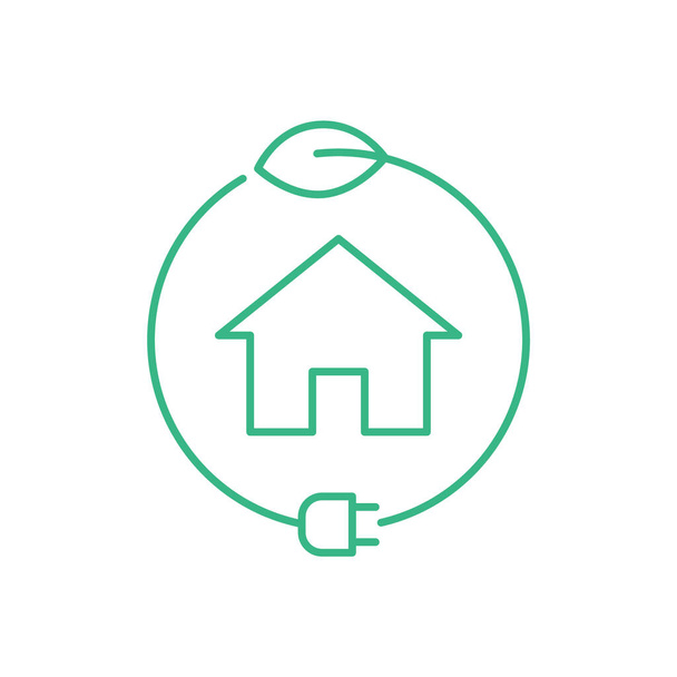 Öko-ház ikon. Zöld ház egy körben egy levél és egy dugó. Környezetbarát életmód jel. Nulla kibocsátású intelligens otthon. Fenntartható energiaforrások. Vektor illusztráció, lapos, clip art. - Vektor, kép