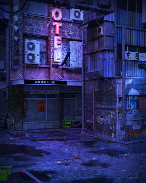 Dark Lonely City Street with Motel Sign - Fotografie, Obrázek