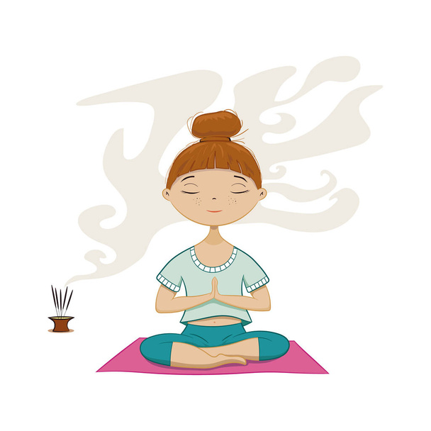 Jeune femme dessin animé faisant du yoga en position lotus - Vecteur, image