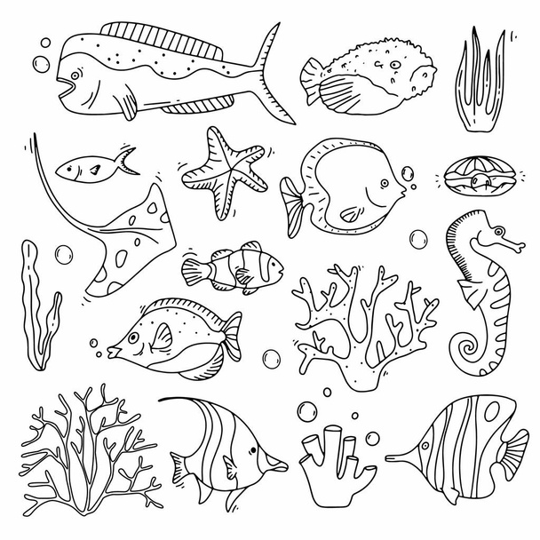 Zeeleven doodle set. Vissen en koralen verzamelen hand verdrinken. Onderwater elementen in leuke stijl. - Vector, afbeelding