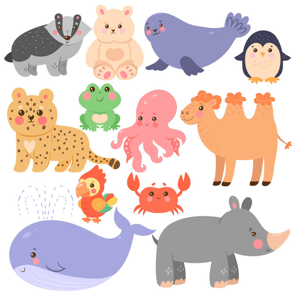 Conjunto de animais bonitos em estilo cartoon isolado no fundo branco. Imagem vetorial - Vetor, Imagem