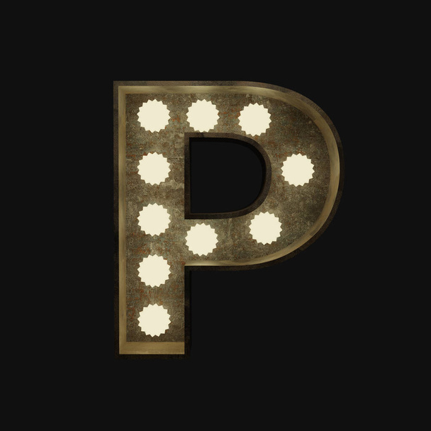 Metal letter P with small lamps on a dark background, 3d rendering - Foto, Imagem