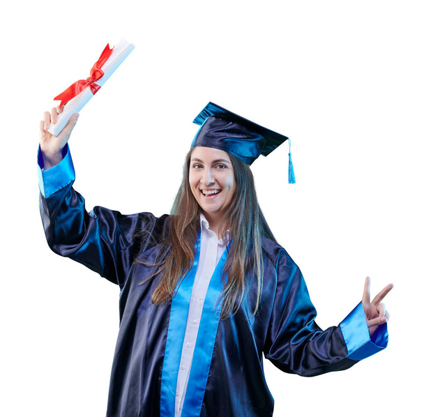 Absolvent dívka s čepice šaty a certifikát, barevné pozadí. - Fotografie, Obrázek