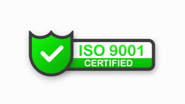 ISO 9001認証緑のバッジ。白を基調としたフラットデザインのスタンプ。モーショングラフィックス. - 映像、動画