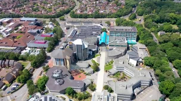 Aerial footage of the Bournemouth University, Talbot Campus buildings from above showing the Arts University Bournemouth, the Student Village, Fusion Building, Medical Centre - Footage, Video