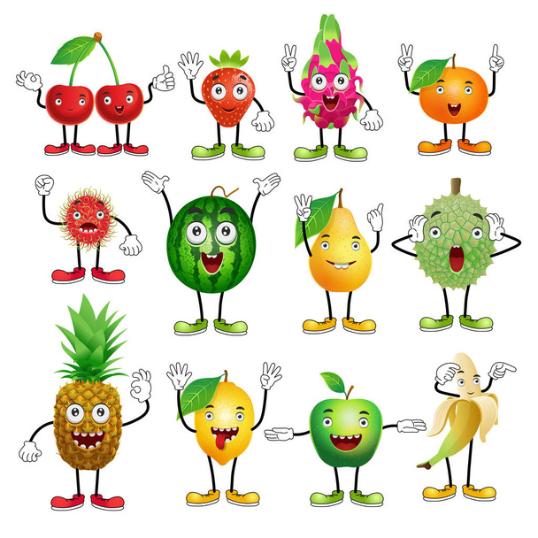 Set of cartoon fruits with hands and legs in sneakers for kids.Cherry, strawberry, dragon fruit, durian, orange, watermelon, lemon, apple, pear, rambutan, pineapple, banana.Vector. - Vector, Image
