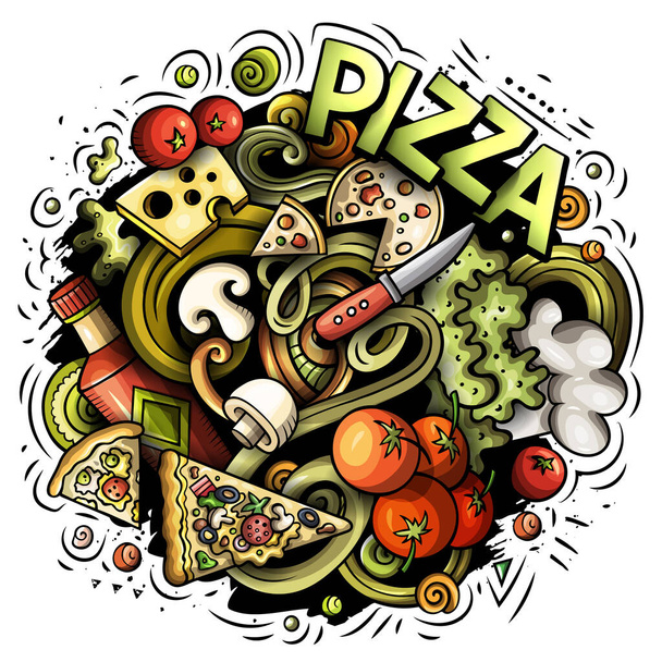 Pizza cartone animato scarabocchio illustrazione. Design divertente. - Foto, immagini