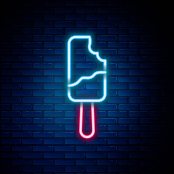 Leuchtende Neon-Linie Eis am Stick Symbol isoliert auf Backsteinwand Hintergrund. Süßes Symbol. Buntes Rahmenkonzept. Vektor - Vektor, Bild