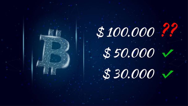 Чи може Bitcoin BTC вдарити 100000 доларів полігонального символу криптовалюти і знак питання поруч з ціною, значок монети на темному тлі. Векторні ілюстрації для новин
. - Вектор, зображення