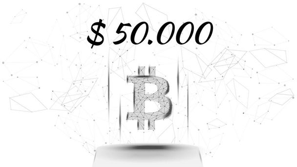 Bitcoin BTC polygonální kryptoměna token symbol v ceně 50000 dolarů, mince ikona na bílém pozadí. Digitální zlato pro webové stránky nebo banner. Vektor EPS10. - Vektor, obrázek