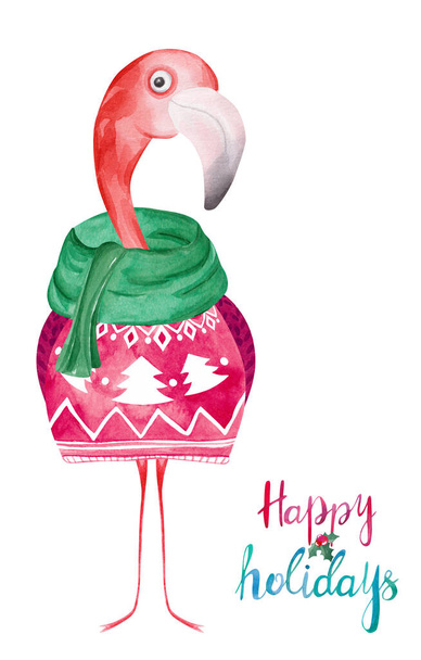 Akvarell flamingó téli pulcsiban. Kellemes ünnepeket üdvözlőlap - Fotó, kép